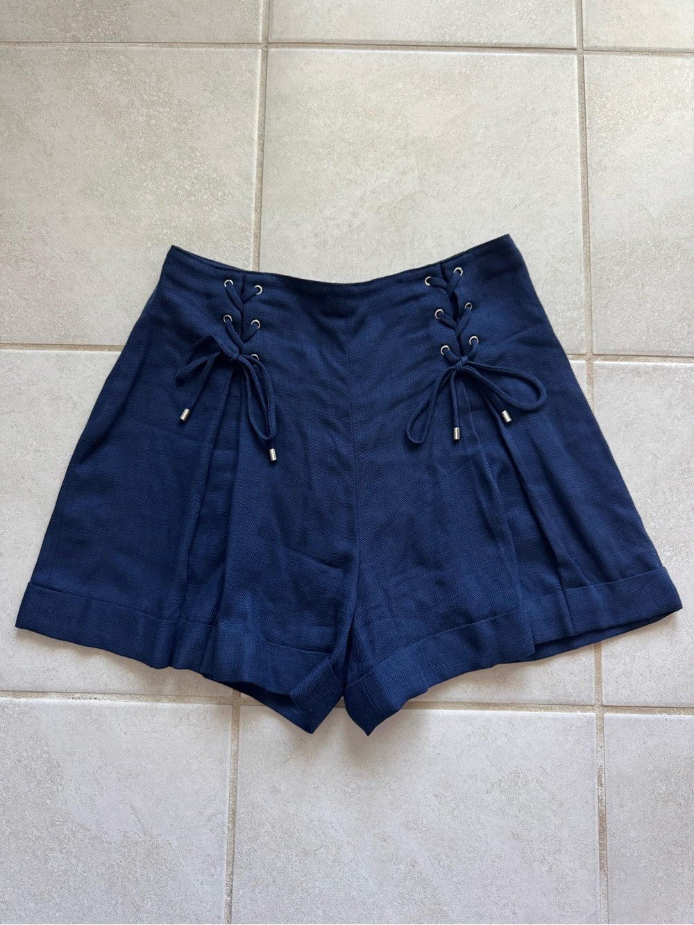 Club Monaco Navy High-Waist Lace-Up Shorts